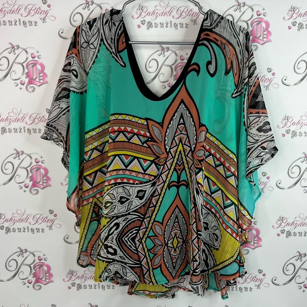 Tua tshirt batwing style flowy Aztec boho floral Vibrant Multicolor Blouse